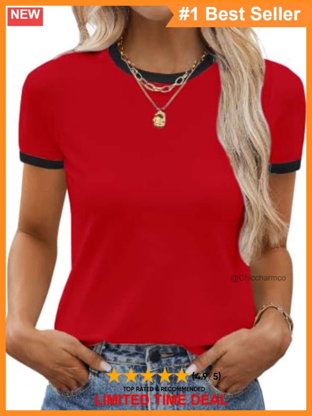Women's Cotton Ringer Tee Short Sleeve Crew Neck Y2K Retro Casual Top